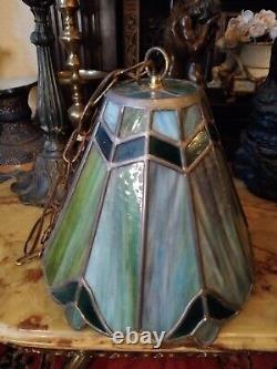 Stained Slag Glass Lamp Shade, Swag Hanging Pendant Green Art Nouveau/ Retro