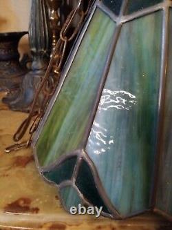 Stained Slag Glass Lamp Shade, Swag Hanging Pendant Green Art Nouveau/ Retro