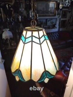 Stained Slag Glass Lamp Shade, Swag Hanging Pendant Green Art Nouveau/ Retro