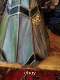 Stained Slag Glass Lamp Shade, Swag Hanging Pendant Green Art Nouveau/ Retro