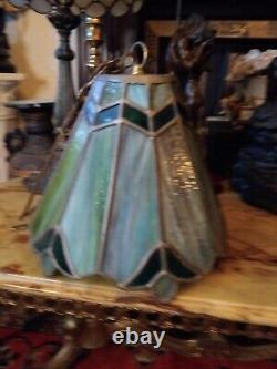Stained Slag Glass Lamp Shade, Swag Hanging Pendant Green Art Nouveau/ Retro