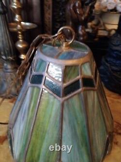 Stained Slag Glass Lamp Shade, Swag Hanging Pendant Green Art Nouveau/ Retro