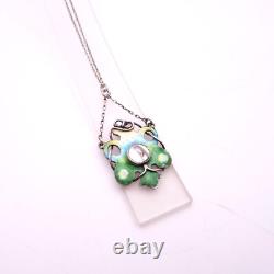 Sterling Silver Art Nouveau Blue / Green / Yellow Enamel and Pearl Necklace