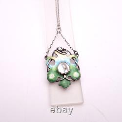 Sterling Silver Art Nouveau Blue / Green / Yellow Enamel and Pearl Necklace
