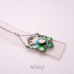 Sterling Silver Art Nouveau Blue / Green / Yellow Enamel and Pearl Necklace