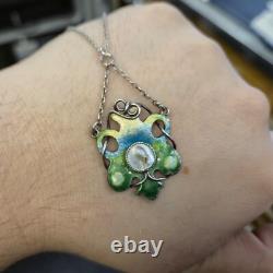 Sterling Silver Art Nouveau Blue / Green / Yellow Enamel and Pearl Necklace