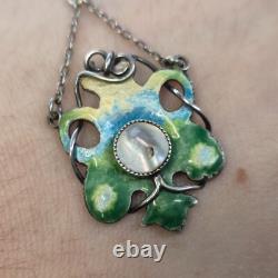 Sterling Silver Art Nouveau Blue / Green / Yellow Enamel and Pearl Necklace