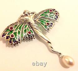 Sterling Silver Art Nouveau Plique a Jour Ruby Christmas Angel Fairy Brooch 55mm