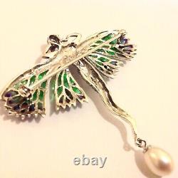 Sterling Silver Art Nouveau Plique a Jour Ruby Christmas Angel Fairy Brooch 55mm