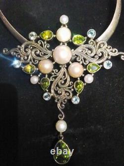 Sterling Silver Art Nouveau style Peridot Topaz Pearl Artisan Butterfly Pendant