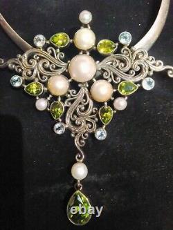 Sterling Silver Art Nouveau style Peridot Topaz Pearl Artisan Butterfly Pendant