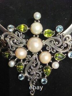 Sterling Silver Art Nouveau style Peridot Topaz Pearl Artisan Butterfly Pendant