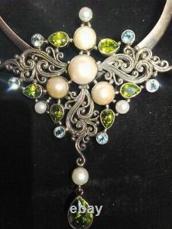 Sterling Silver Art Nouveau style Peridot Topaz Pearl Artisan Butterfly Pendant