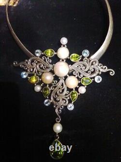 Sterling Silver Art Nouveau style Peridot Topaz Pearl Artisan Butterfly Pendant