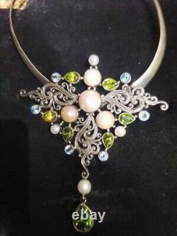 Sterling Silver Art Nouveau style Peridot Topaz Pearl Artisan Butterfly Pendant