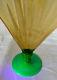 Steuben Fan Old Vase-amber/topaz & Pomona Green Uv Base Art Glass Ribbed