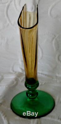 Steuben Fan Old Vase-Amber/Topaz & Pomona Green UV Base Art Glass Ribbed