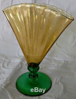 Steuben Fan Old Vase-Amber/Topaz & Pomona Green UV Base Art Glass Ribbed