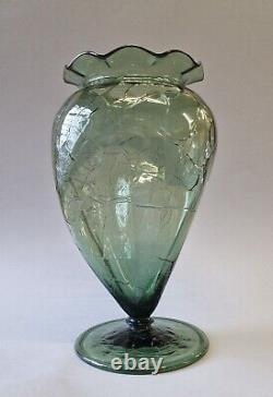 Stevens & Williams Rare Late 19th C. Glass Vase, Pinched, Crackled, Frilled Rim