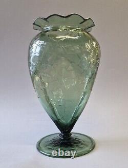 Stevens & Williams Rare Late 19th C. Glass Vase, Pinched, Crackled, Frilled Rim