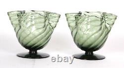 Stuart and Son Pair Arts and Crafts Nouveau Green Glass Frilly Footed Bowls