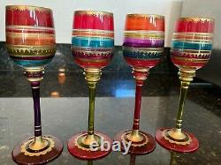 Stunning 1940s Moser Art Glass Set of 4 Vintage Gilded Crystal Goblets, MB382