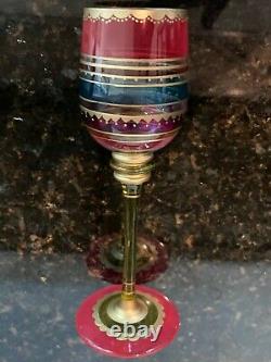 Stunning 1940s Moser Art Glass Set of 4 Vintage Gilded Crystal Goblets, MB382