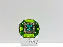 Stunning Antique Art Nouveau Uncas Sterling Green Glass/Rhinestone Ring