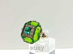 Stunning Antique Art Nouveau Uncas Sterling Green Glass/Rhinestone Ring