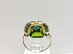 Stunning Antique Art Nouveau Uncas Sterling Green Glass/Rhinestone Ring