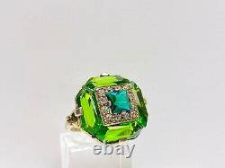 Stunning Antique Art Nouveau Uncas Sterling Green Glass/Rhinestone Ring