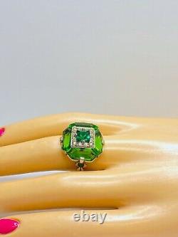 Stunning Antique Art Nouveau Uncas Sterling Green Glass/Rhinestone Ring