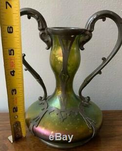 Stunning Antique Green KRALIK Loetz Iridescent Art Glass Vase Czech Pewter Case