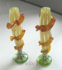 Stunning Antique Pair Of Harrach Bohemian Uranium Candy Stripped Glass Vases