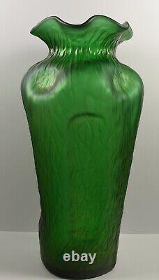 Stunning Art Nouveau Green Iridescent Pinched Sides Large Textured Vase