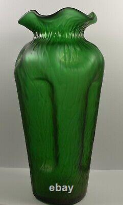 Stunning Art Nouveau Green Iridescent Pinched Sides Large Textured Vase