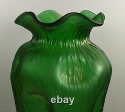 Stunning Art Nouveau Green Iridescent Pinched Sides Large Textured Vase
