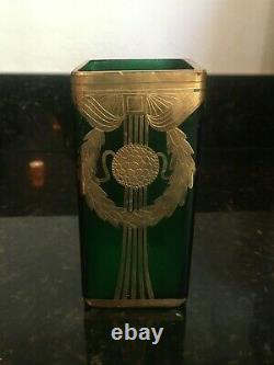 Stunning Art Nouveau Vase in Emerald Green & Relief with gold Decor, MB107