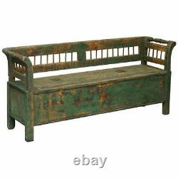 Stunning Central European Pitch Pine 19th Century Original Green Paint Bench