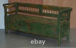 Stunning Central European Pitch Pine 19th Century Original Green Paint Bench