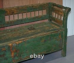 Stunning Central European Pitch Pine 19th Century Original Green Paint Bench