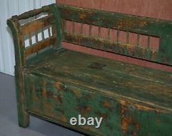 Stunning Central European Pitch Pine 19th Century Original Green Paint Bench