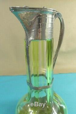 Stunning German Art Nouveau Pewter Green Glass Wine Jug Leaf Berry Orivit C1905