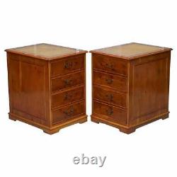 Stunning Pair Of Burr Yew Wood Office Filing Cabinets With Green Leather Tops