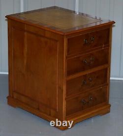 Stunning Pair Of Burr Yew Wood Office Filing Cabinets With Green Leather Tops