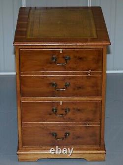 Stunning Pair Of Burr Yew Wood Office Filing Cabinets With Green Leather Tops