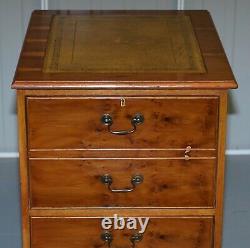 Stunning Pair Of Burr Yew Wood Office Filing Cabinets With Green Leather Tops