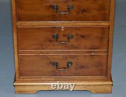 Stunning Pair Of Burr Yew Wood Office Filing Cabinets With Green Leather Tops