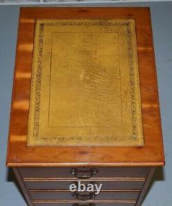 Stunning Pair Of Burr Yew Wood Office Filing Cabinets With Green Leather Tops