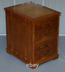 Stunning Pair Of Burr Yew Wood Office Filing Cabinets With Green Leather Tops